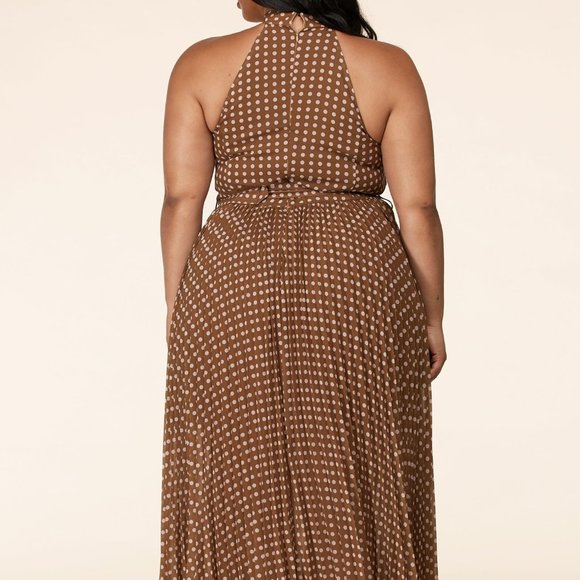BROWN PLEATED MOCK NECK MAXI W/ PINK DOTS - PLUS - Picture 2 of 7